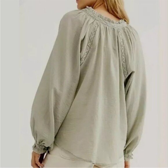 Free People Sivan Embroidered Top Green Puff Sleeve Blouse with Ruffled Small - Picture 15 of 16